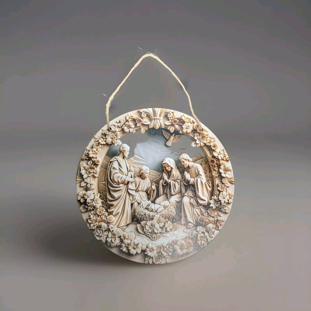 Wood Plaque Christmas Nativity Scene 2D Flat Print Looks Like Carved Ivory 8in - Picture 2 of 4